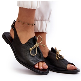 Zazoo 2898 Sandali Bassi In Pelle Neri Con Fiocco nero 4