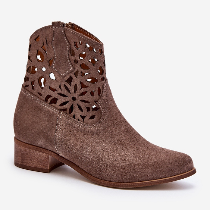 Zazoo 3404 Stivali da cowboy traforati su tacco basso in pelle scamosciata marrone 2