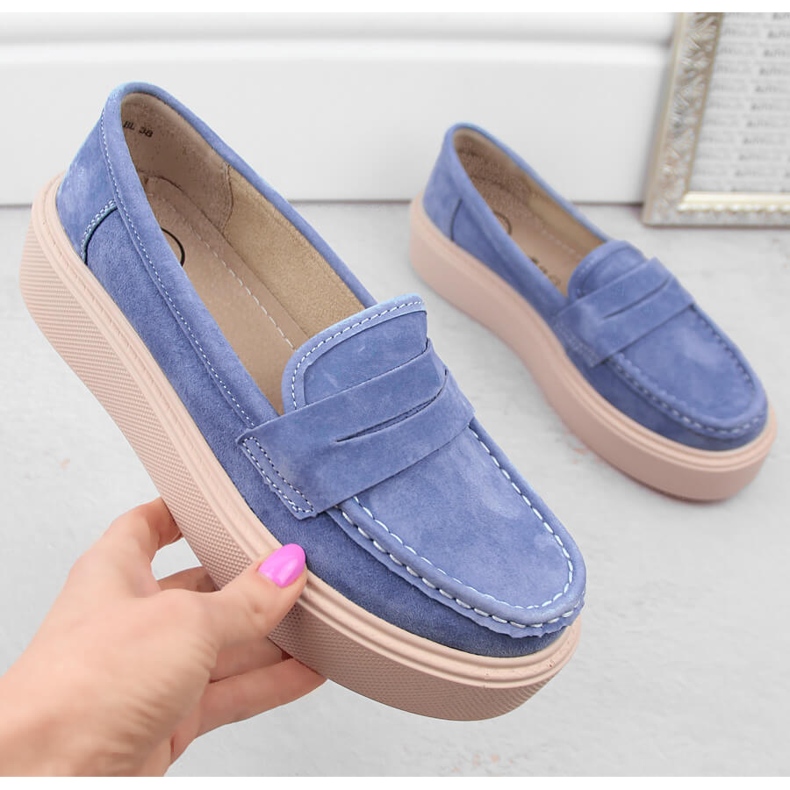 Scarpe in pelle scamosciata, mocassini da donna con plateau, blu Filippo DP6152 1