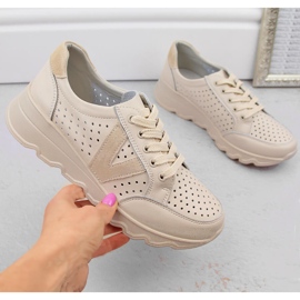 Scarpe sportive da donna in pelle traforata, beige Vinceza 7875 1