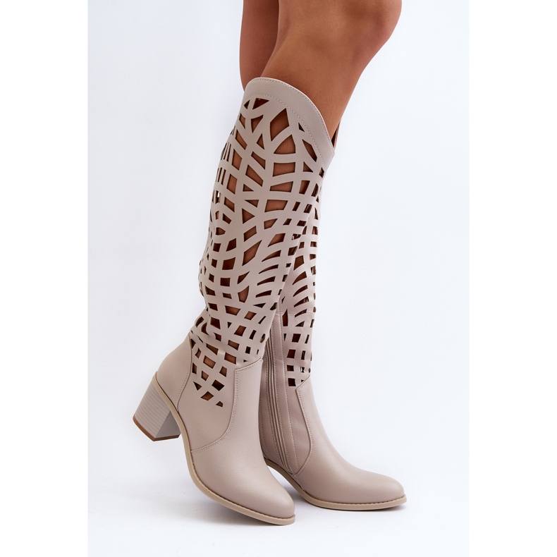 Stivali Tacco Alto Traforati Beige Pinkema 2
