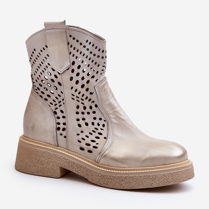 Zazoo 3470 Stivaletti da donna in pelle con tacco piatto, oro traforato, spazzolato d'oro 2