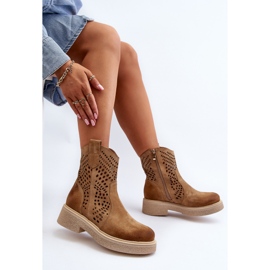 Zazoo 3470 Stivali da donna in pelle scamosciata con tacco piatto, traforati, Beige 2