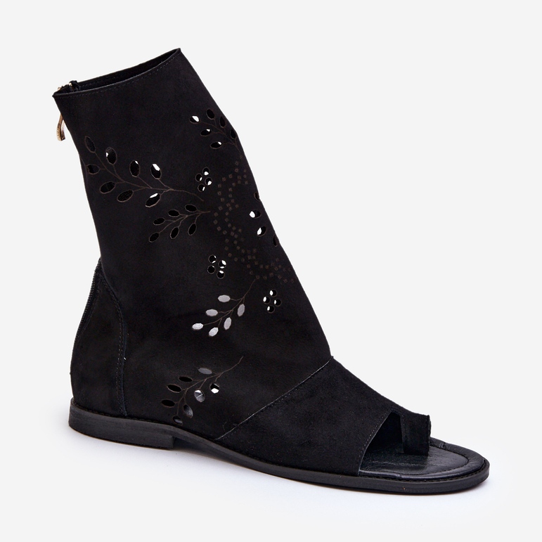Zazoo 3437 Sandali da donna in pelle scamosciata con tomaia con cerniera, neri nero 1