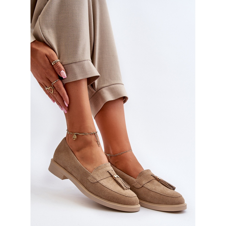 Zazoo 3420 mocassini da donna in pelle scamosciata con tacchi piatti beige 1