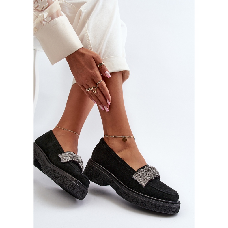 Mocassini da donna in pelle scamosciata Zazoo 3419 con cinturino decorativo, neri nero 1