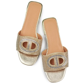 Eleganti ciabatte da donna color oro con tacco basso in paillettes d'oro 1
