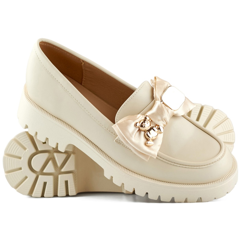 Mocassini beige con fiocco, mocassini con orsetto 1