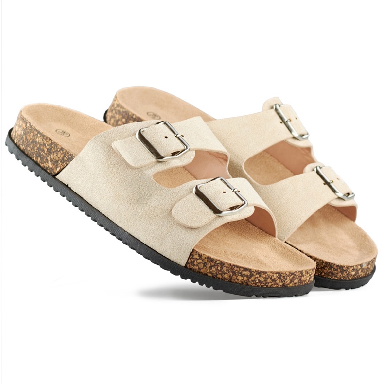 Ciabatte da donna color caramello con due fibbie marrone 2