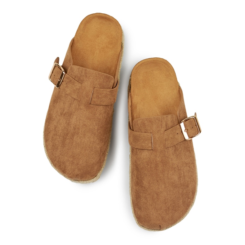 Espadrillas ricoperte da donna con fibbia, colore marrone chiaro 1