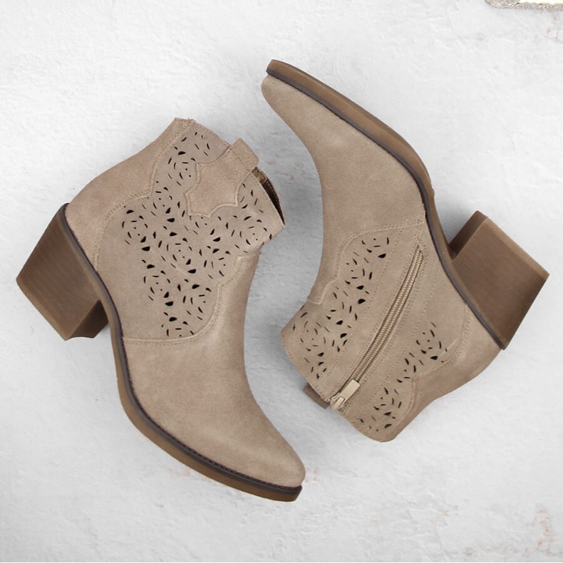 Stivali texani da donna in pelle traforata, beige S.Barski 1