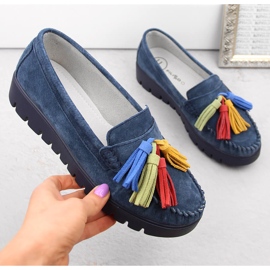 Scarpe in pelle scamosciata, mocassini da donna con frange, blu navy Filippo DP3535 1