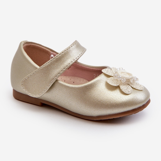Ballerine da bambino allacciate con velcro e decorazione in serinda oro d'oro 1