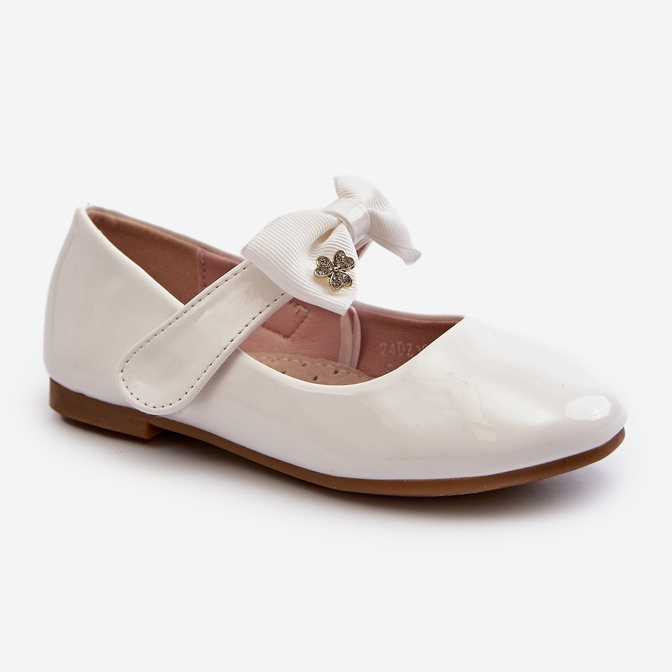 Ballerine da bambino in vernice bianca con fiocco in velcro bianco 1