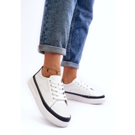 Sergio Leone Scarpe sportive, sneakers da donna in pelle, bianco e blu navy bianca 2