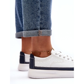 Sergio Leone Scarpe sportive, sneakers da donna in pelle, bianco e blu navy bianca 4