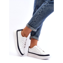 Sergio Leone Scarpe sportive, sneakers da donna in pelle, bianco e blu navy 1