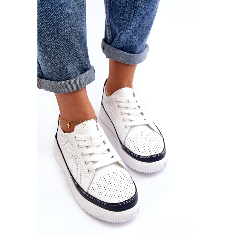 Sergio Leone Scarpe sportive, sneakers da donna in pelle, bianco e blu navy 3