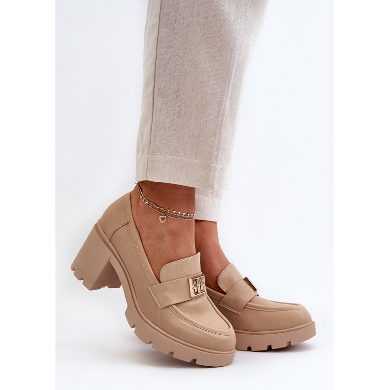 Scarpe Ranunca da donna beige con tacco grosso con decorazione 2