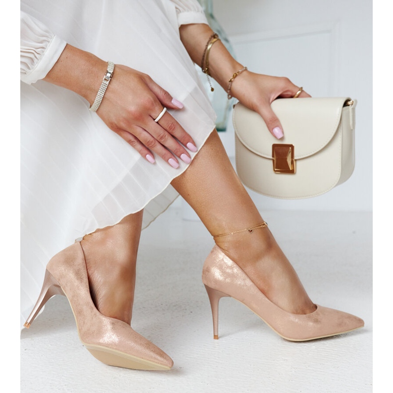 Scarpe con tacco metallizzato champagne con inserto in pelle di Soissons rosa 1