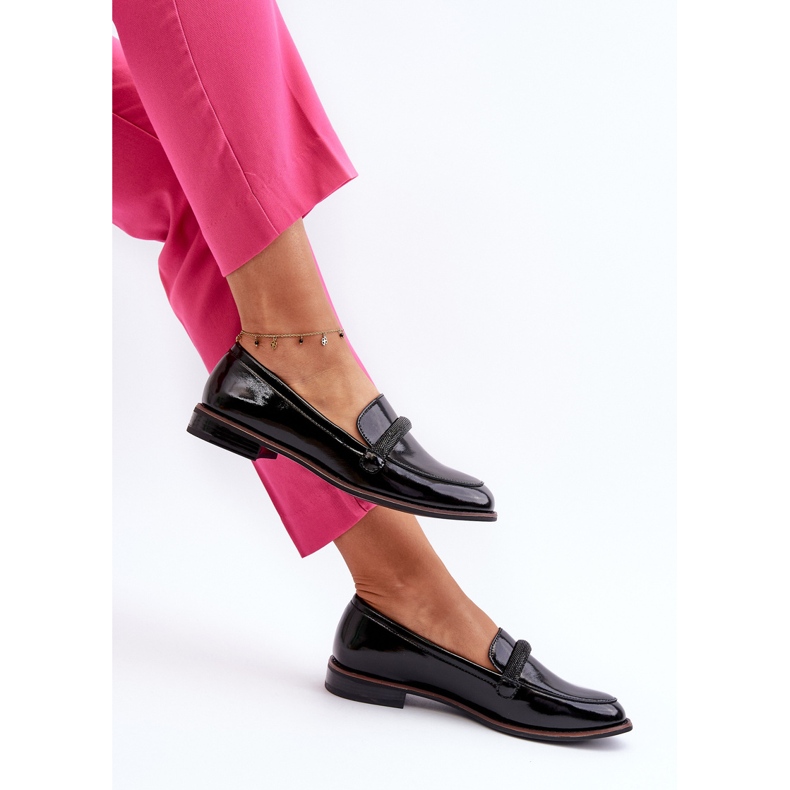 Sergio Leone Mocassini da donna in pelle con cinturino decorativo, saosina verniciata nera nero 1