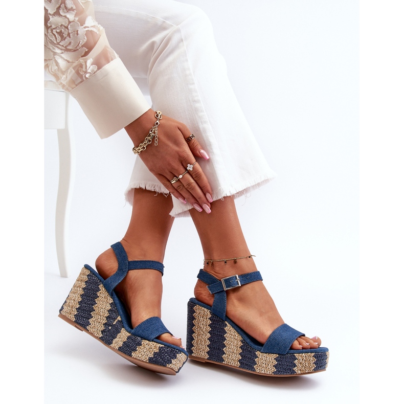 Sandali da donna con zeppa in denim con treccia, Reviala blu 1