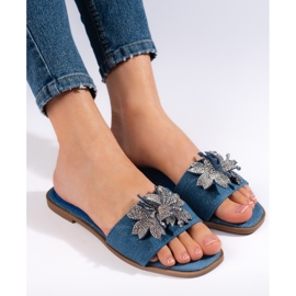 Ciabatte in denim da donna con decorazione blu 1