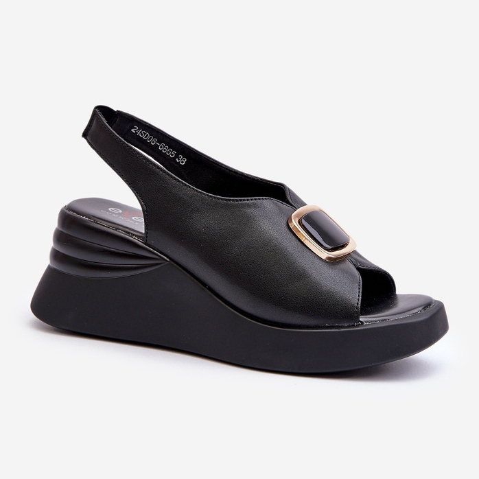 Sandali Con Zeppa Da Donna In Pelle Con Decorazione, Salvania Nero 1