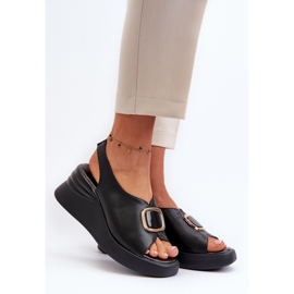 Sandali Con Zeppa Da Donna In Pelle Con Decorazione, Salvania Nero 2