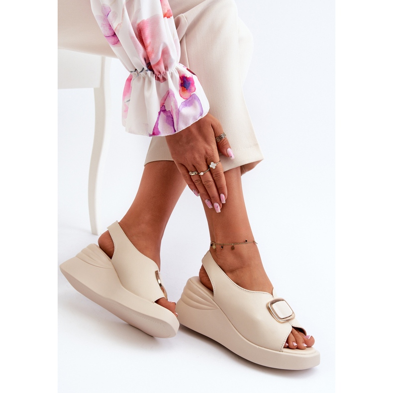 Sandali Con Zeppa Da Donna In Pelle Con Decoro, Salvania Beige 1