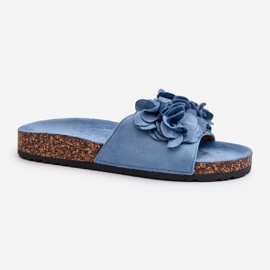 Infradito da donna su plateau in sughero in ecopelle scamosciata, colore blu Jaihini 1