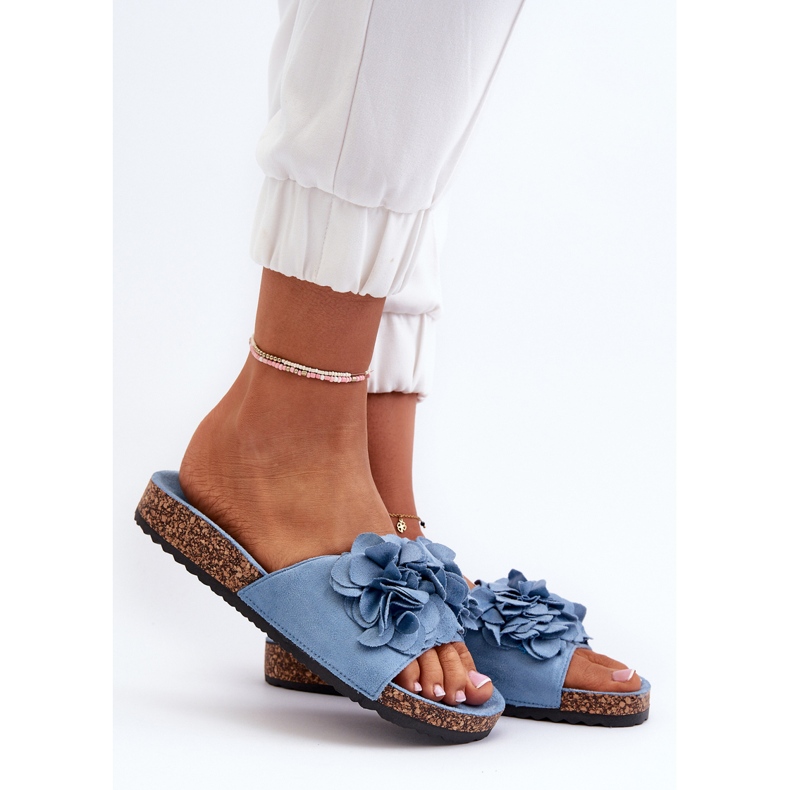 Infradito da donna su plateau in sughero in ecopelle scamosciata, colore blu Jaihini 2