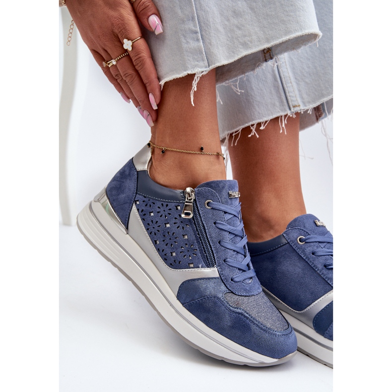 Sneakers da donna con plateau con motivo traforato e glitter INBLU IN000372 Blu 2