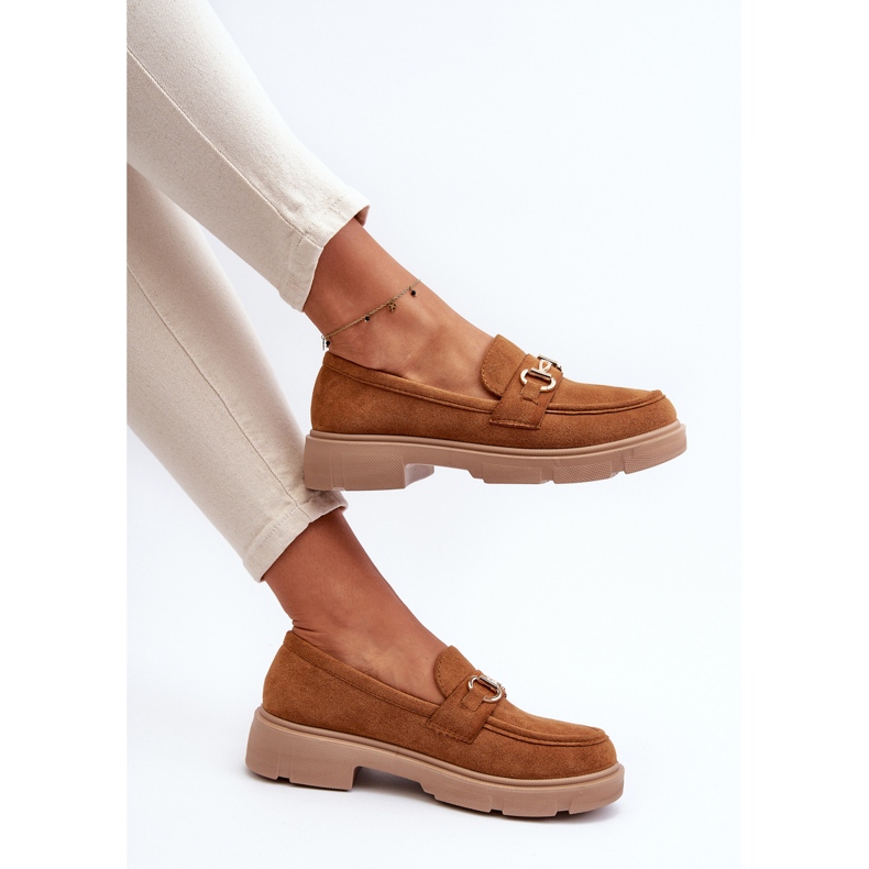 Mocassini Lighas da donna in eco camoscio cammello con decoro oro marrone 1