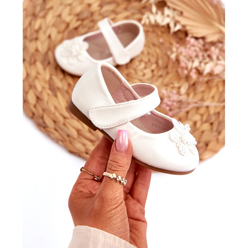 Miss Ballerine per bambini con chiusura in velcro e decorazione, bianche bianco 2