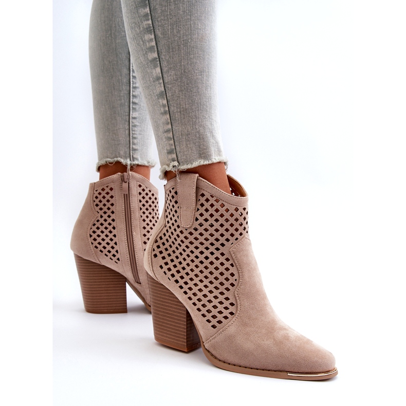 Stivaletti Da Donna In Eco Pelle Scamosciata Traforata Con Tacco Alto, Beige Stardara 4