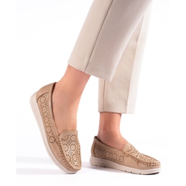 Mocassini traforati da donna, colore beige scuro 1