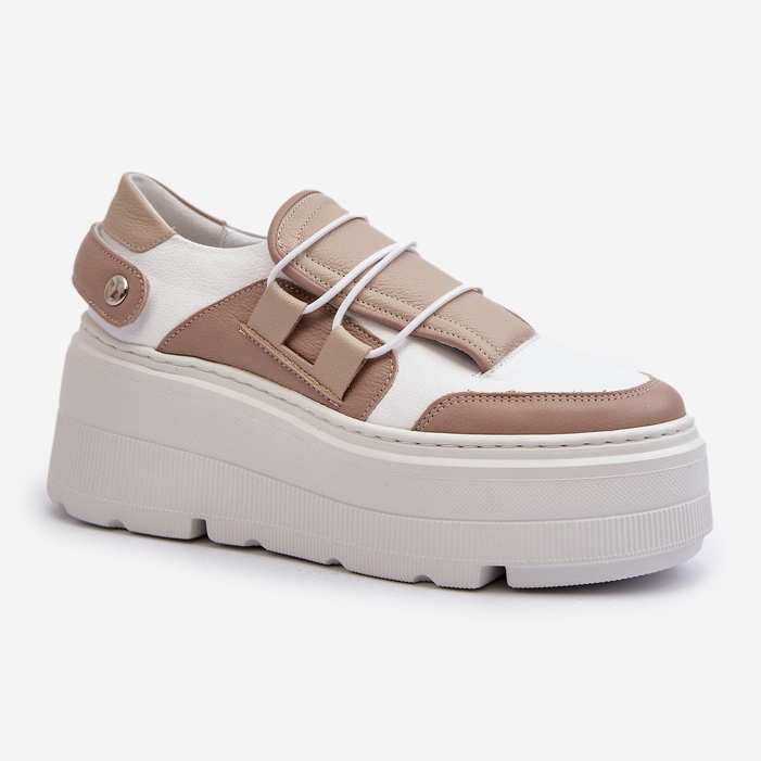 Zazoo 1833 Sneakers da Donna in Pelle con Suola Massiccia, Beige e Bianco 2