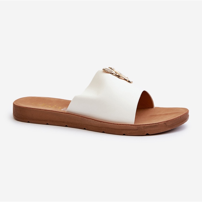 Infradito da donna con suola piatta con decorazione, in ecopelle, Makia Bianco 1