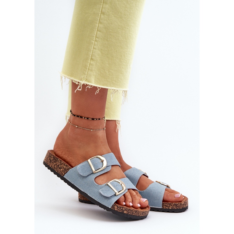 Infradito da donna in denim con plateau in sughero con cinturini, blu Doretta 2