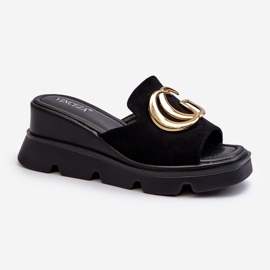 Vinceza Infradito da Donna Realizzate in Eco Camoscio su Zeppa e Plateau con Decorazione Oro, Nero Iaria 1