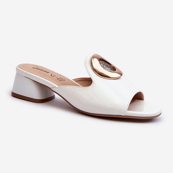 Eleganti Infradito Da Donna In Vernice Con Tacco Basso E Decorazione Oro, Uzimila Bianco 1