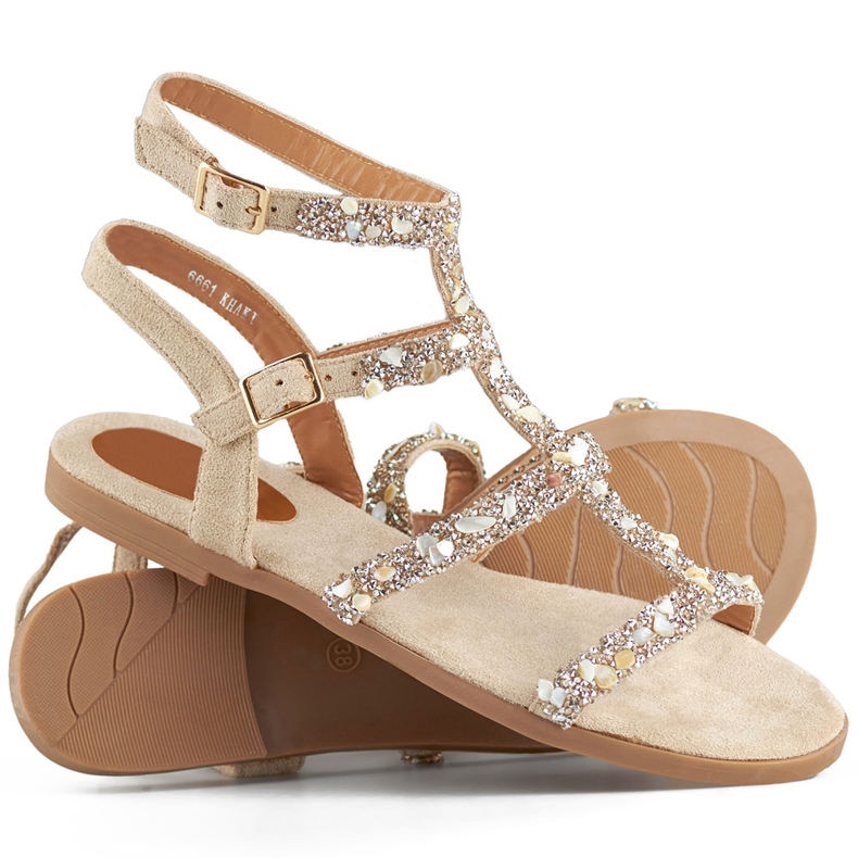 Sandali gladiatore da donna beige con pietre decorative 1