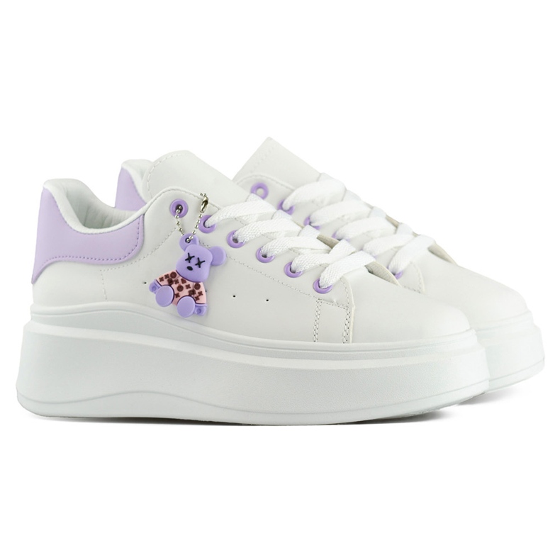 Scarpe sportive bianche con suola spessa e un orsacchiotto viola bianco 1