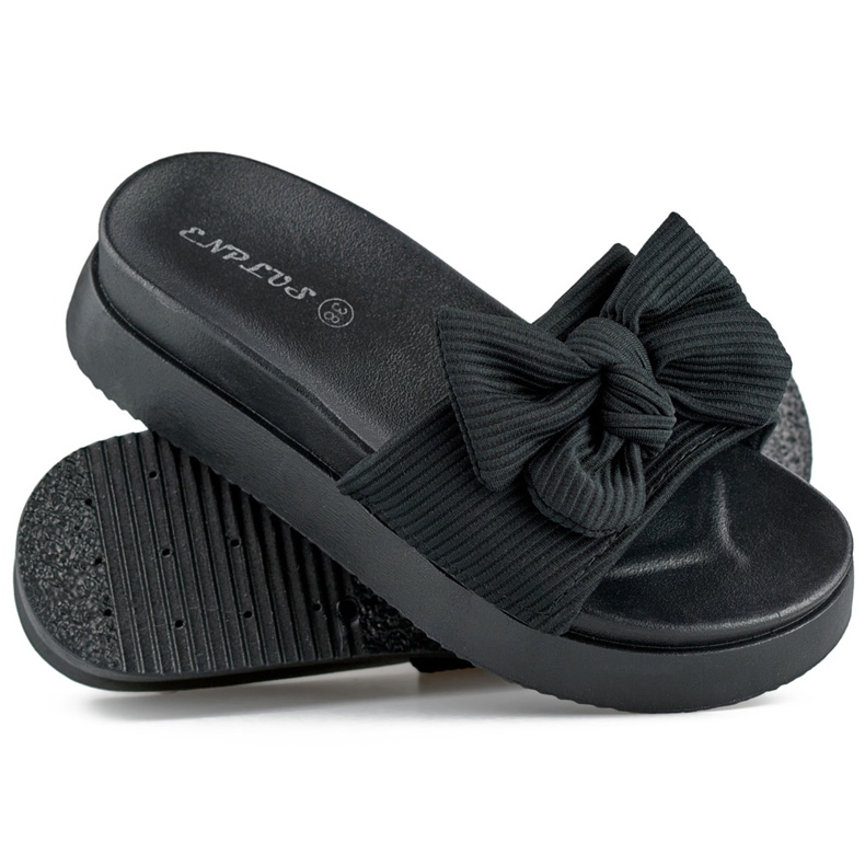 Pantofole da donna nere con fiocco su suola spessa nero 1