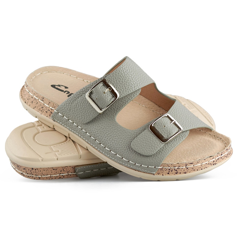 Comode infradito da donna grigie con due fibbie e sottopiede in pelle grigio 1