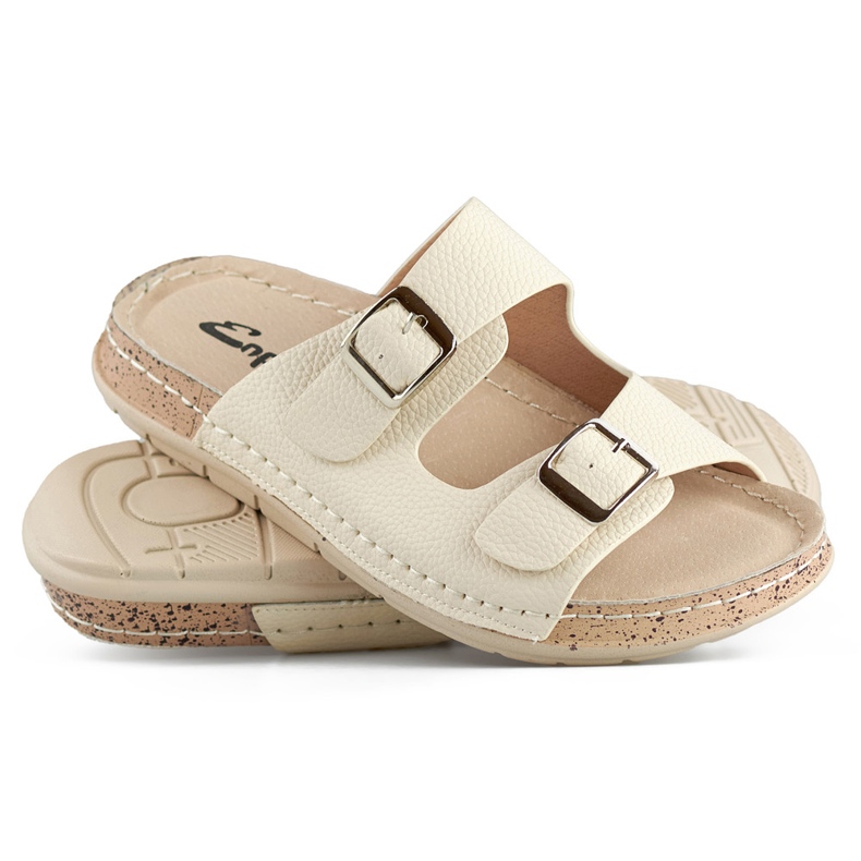 Comode infradito da donna beige con due fibbie e sottopiede in pelle 1
