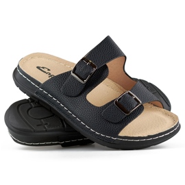 Comode infradito da donna nere con due fibbie e sottopiede in pelle nero 1