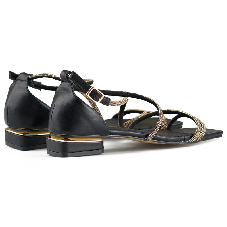 Eleganti sandali da donna con tacco basso e zirconi nero 1
