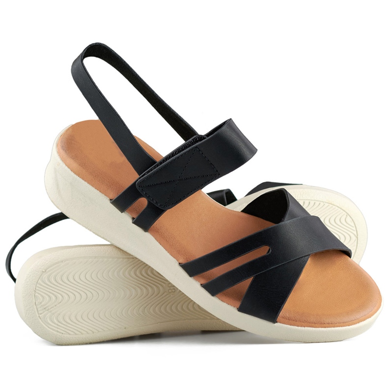 Comodi sandali neri da donna con velcro e zeppa bassa nero 1
